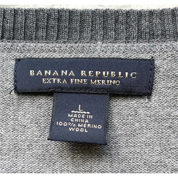 Banana Republic V-Neck Sweater Extra Fine Merino Wool Gray Two-Tone Pullover L - Picture 3 of 4